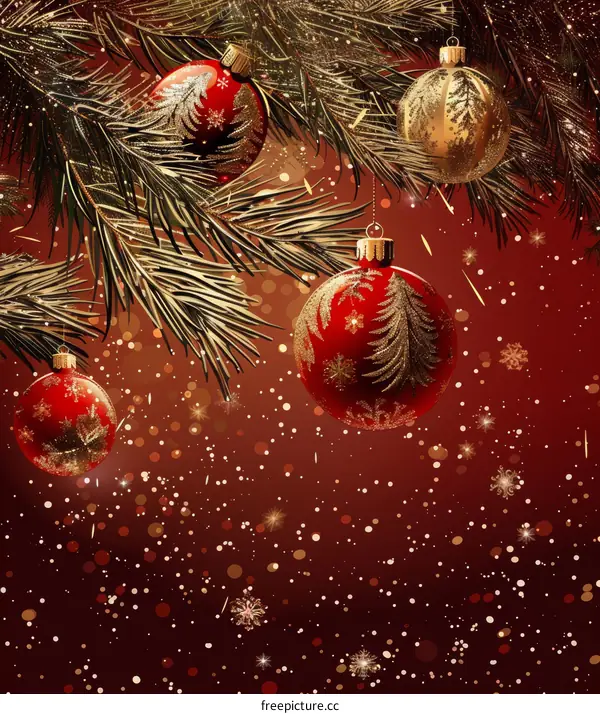 Christmas background with hanging red and gold ornaments
