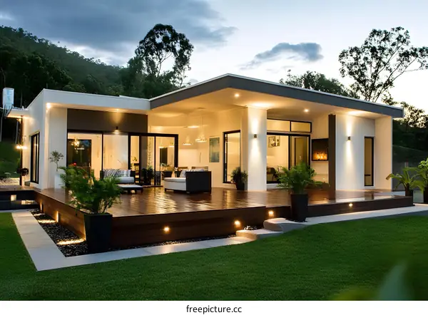 Modern White House with a Wooden Deck and a Green Lawn in the Backyard