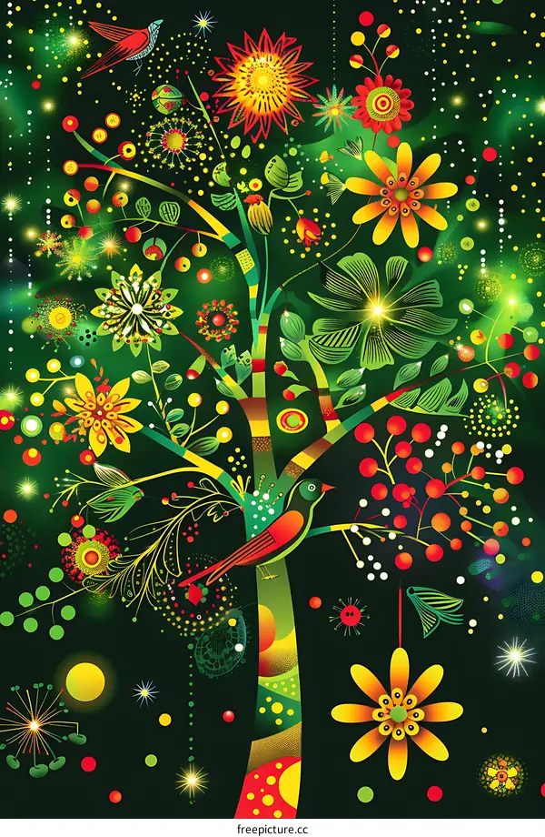 Colorful Abstract Tree with Birds and Flowers