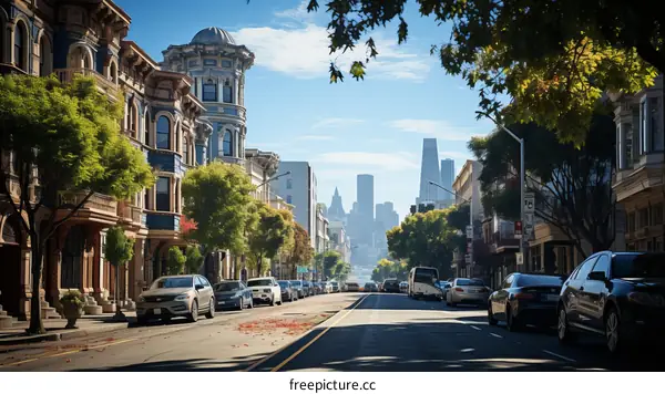 City street with parked cars and autumn trees