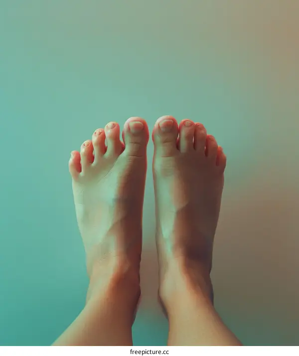 A person's bare feet from the top view