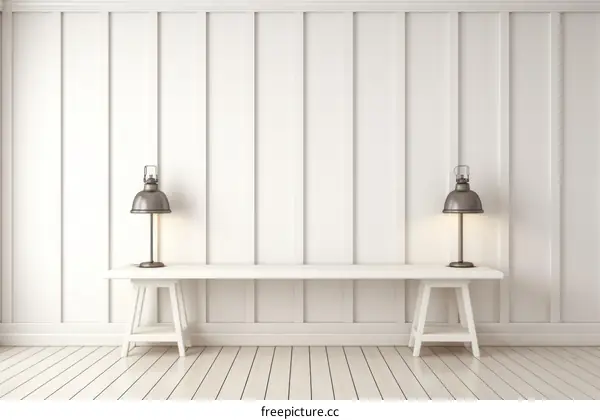 Two Retro Table Lamps on a Wooden Table in a White Paneled Room