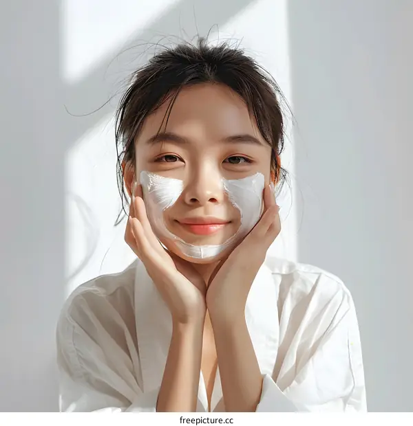 Woman with Facial Mask Applying Cream on Skin