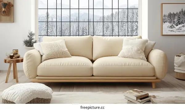Cozy Modern Beige Sofa in a Winter Wonderland Living Room
