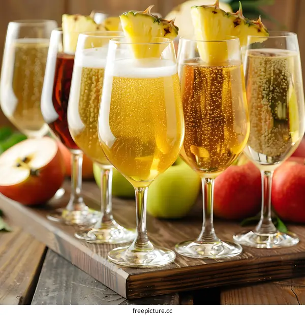 Closeup of Glasses with Sparkling Apple Cider and Pineapple Garnish