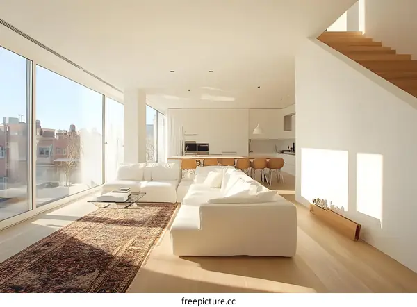 Modern Living Room with White Sofa and Large Windows