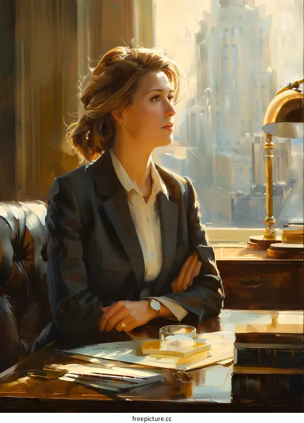 portrait of a woman in a suit looking out a window