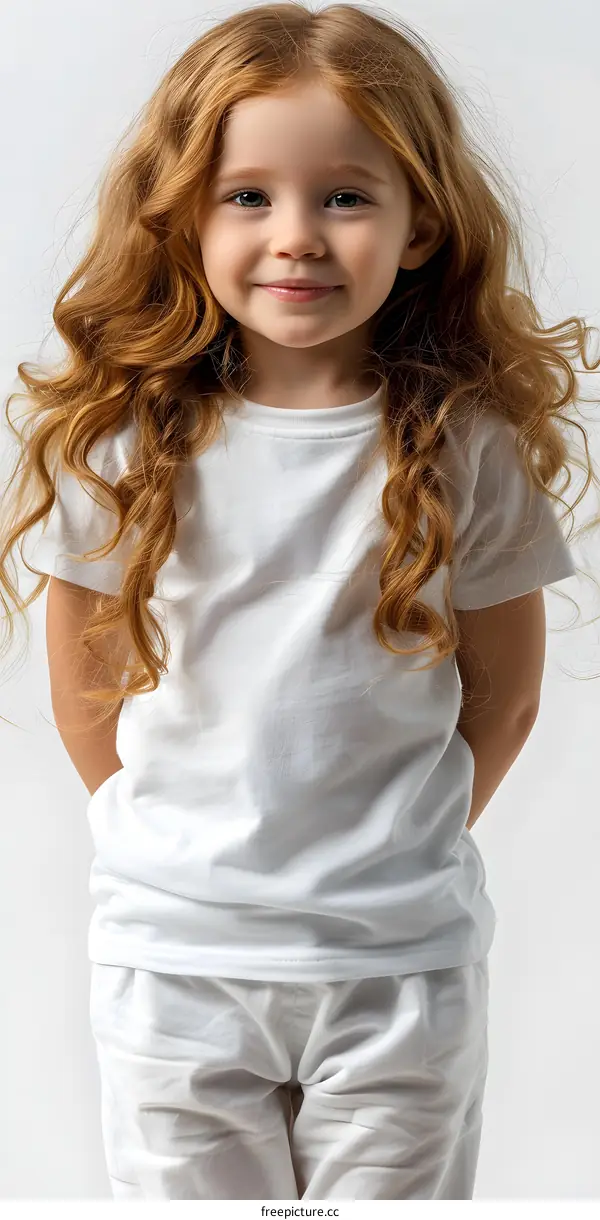 Little girl with long red curly hair in white clothes posing in studio