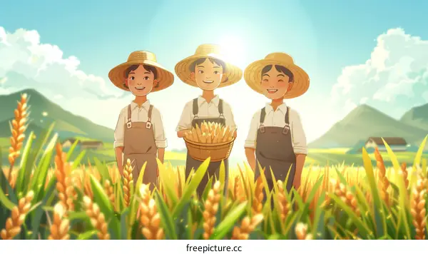 Harvesting Wheat: Three Young Farmers in a Golden Field