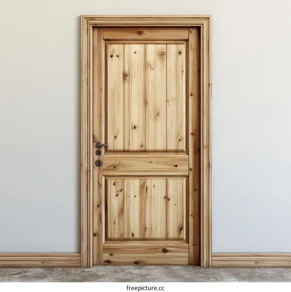 Wooden Door Against a Light Gray Wall