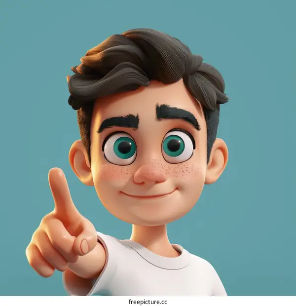 Cartoon Character 3D Character of a Boy Pointing His Finger While Wearing a Blue T-shirt on a White Background