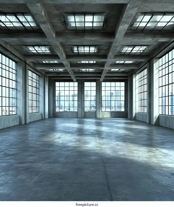 Empty Loft Space with Large Windows and City Skyline View