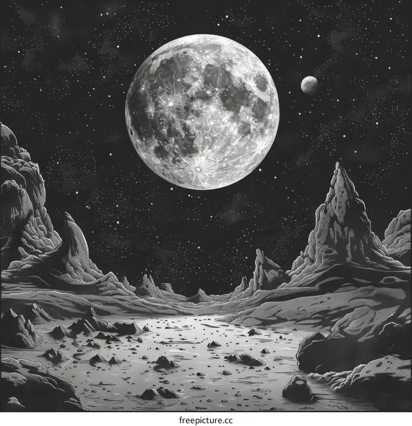 A large moon rises over a rocky landscape