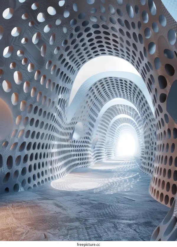 Futuristic tunnel with glowing light at the end