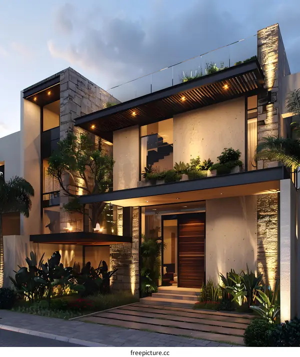 Modern House Exterior Design with Stone and Wood