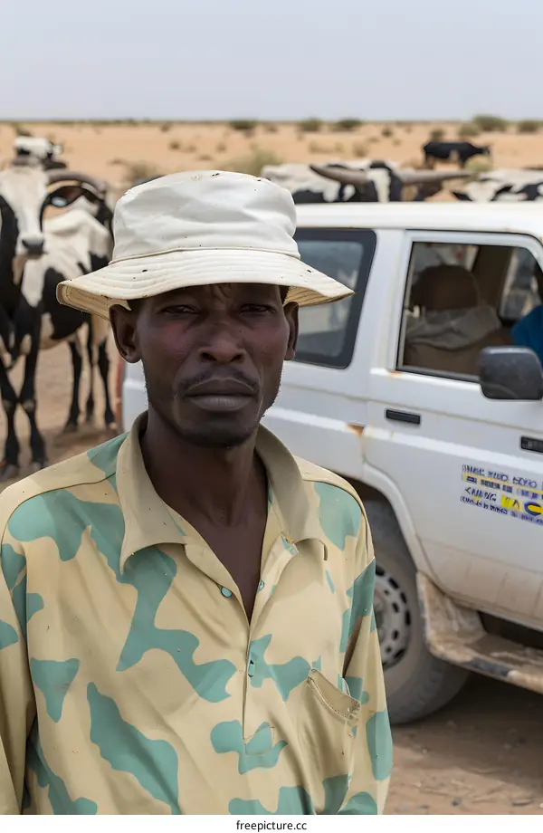 African Man Wearing a Camouflage Shirt and a White Hat