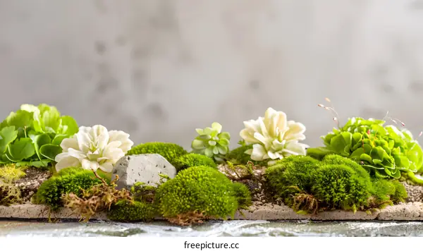 Green Moss with White Flowers and Rocks