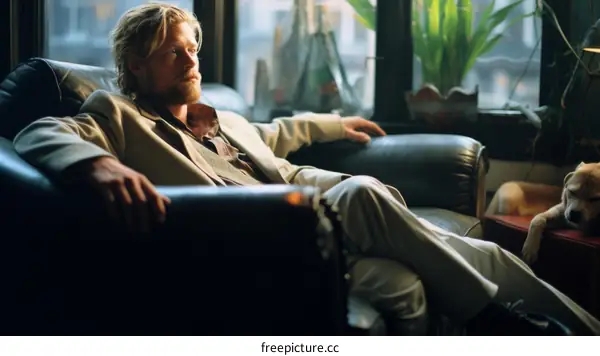 A man and a dog are sitting on a couch