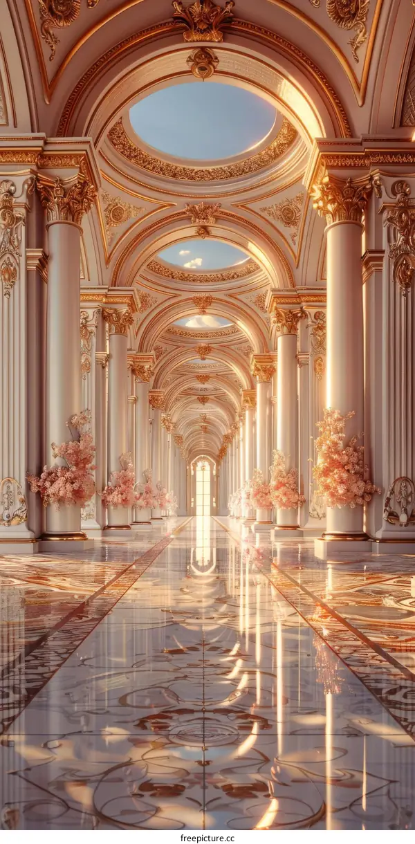 Elegant Royal Palace Corridor with Golden Architecture