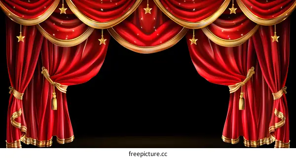 Red Theater Curtains with Golden Stars and Tassels