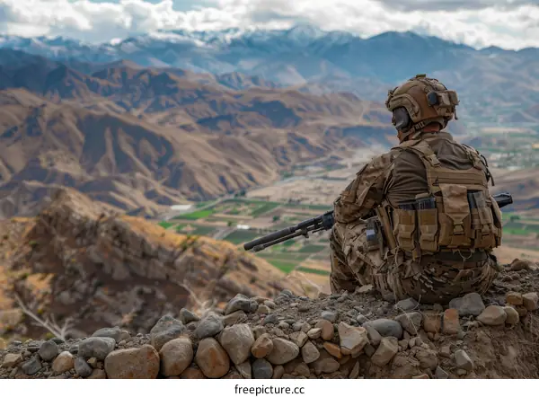 Soldier sits on rocks in Afghanistan