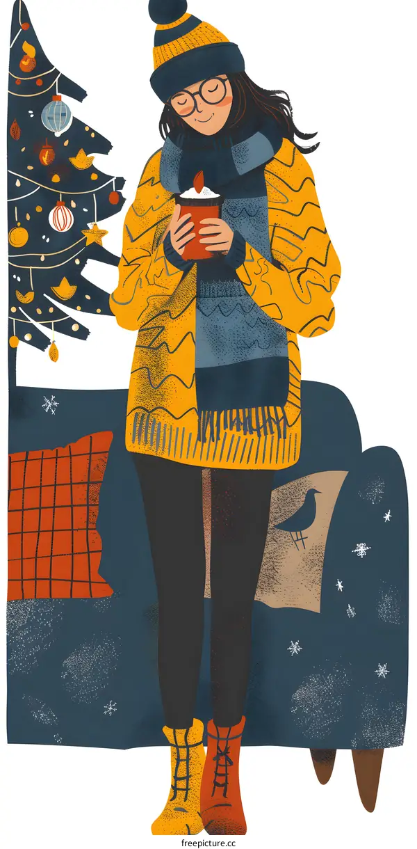 Cozy Winter Illustration of a Woman in a Yellow Sweater and Scarf Holding a Cup of Hot Chocolate
