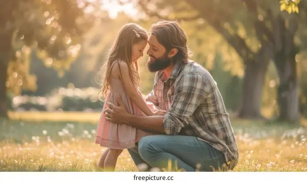 Father and daughter bonding in a field of flowers