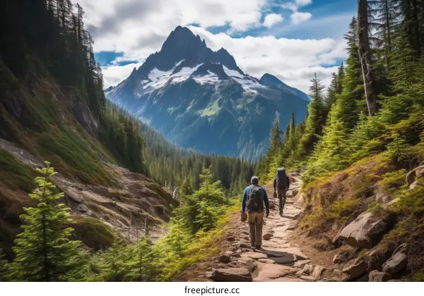 Two hikers on a mountain trail in the Cascade Range of Washington State