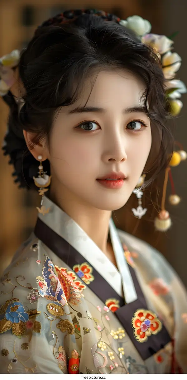 portrait of a beautiful asian woman in traditional korean hanbok dress