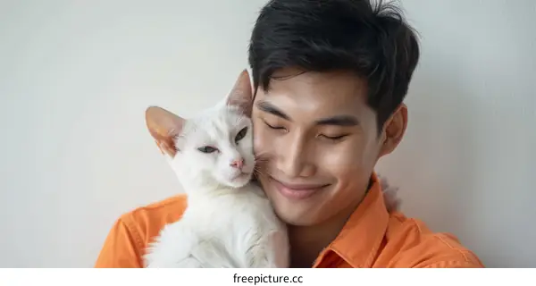 A young Asian man is hugging a white cat