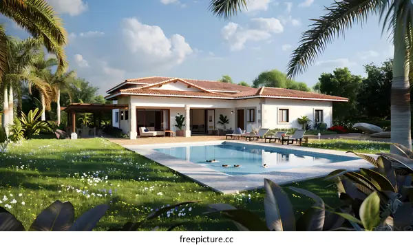 Modern Tropical Villa with Pool and Palm Trees