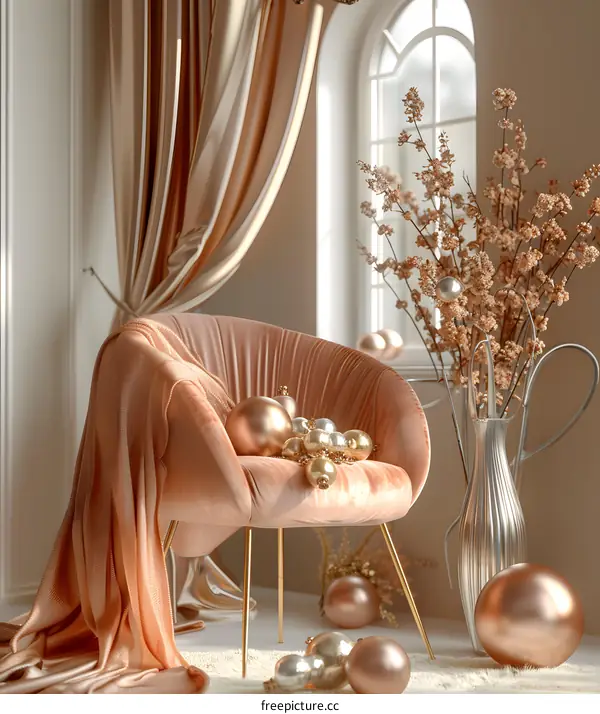 Velvet Chair with Gold Ornaments in a Room with a Window