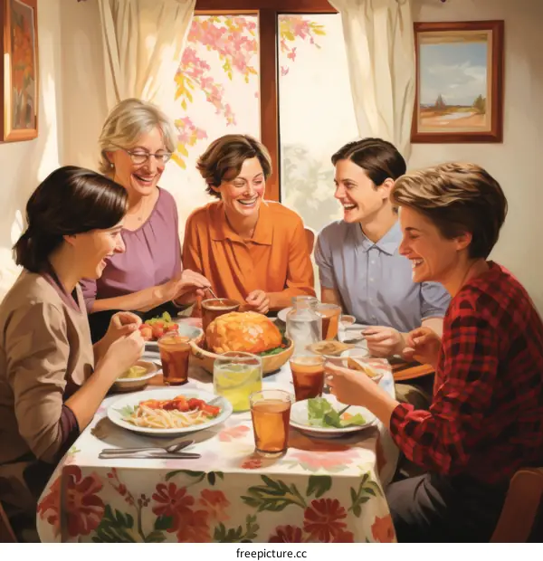 A group of women are sitting around a table and eating.