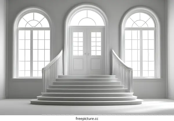 White Staircase in a White Room with Three Windows