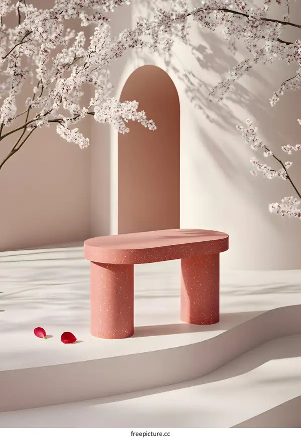 Pink Terrazzo Table with White Flowers and Archway