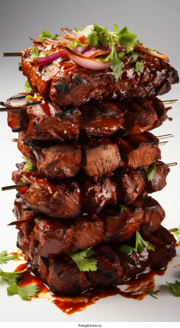 A stack of beef tenderloin skewers