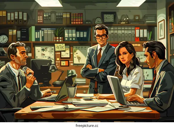 Four people in suits in an office discussing work