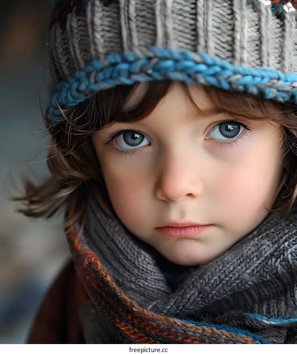 Portrait of a cute little boy in a gray knitted hat and scarf