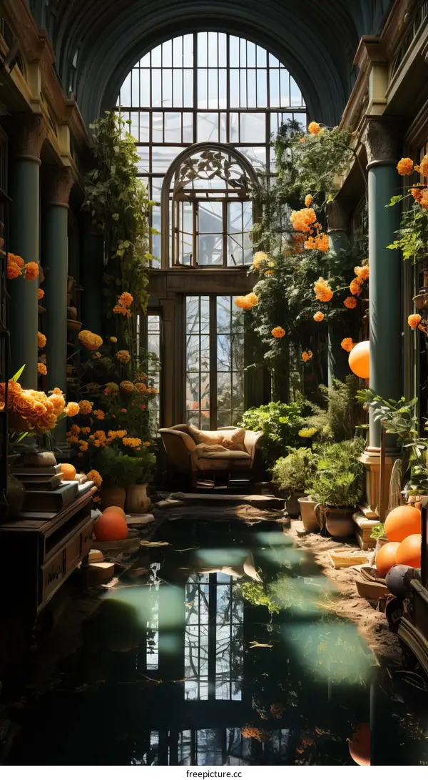 ornate interior space with water reflection and hanging plants