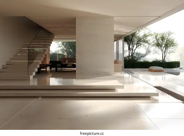 Modern Interior Design With Staircase And Pool View