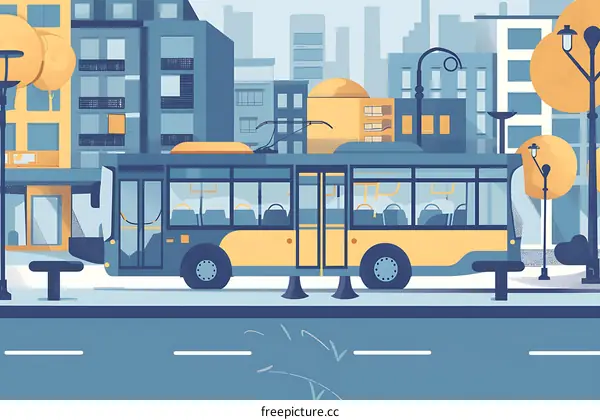 Cityscape With Yellow Bus And Buildings Illustration