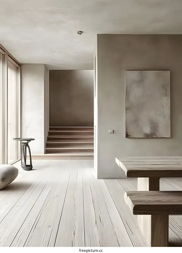 Minimalist Interior Design with Whitewashed Wood Floor and Wooden Table