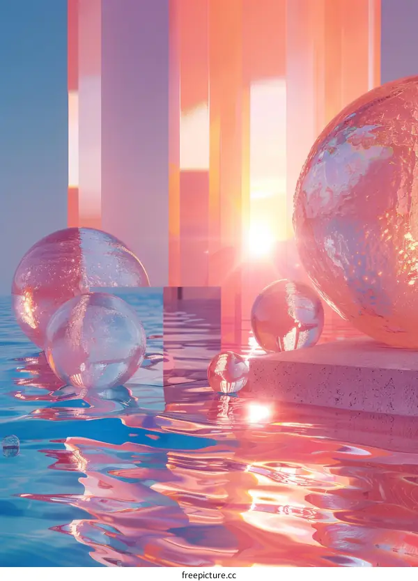 Pink and blue 3D rendering of spheres on a reflective surface with a sunset in the background