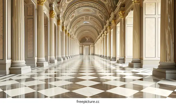 Grand Hall with Columns and Checkerboard Floor
