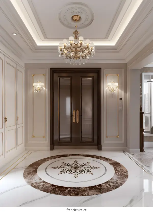Luxury Interior Design of a Foyer with White Marble Floor and Gold Accents