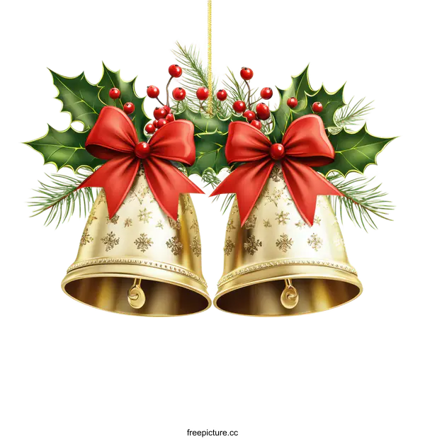 [Transparent Background PNG]Pair of Golden Christmas Bells with Decorations