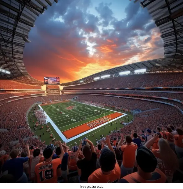 American football stadium with a sunset sky