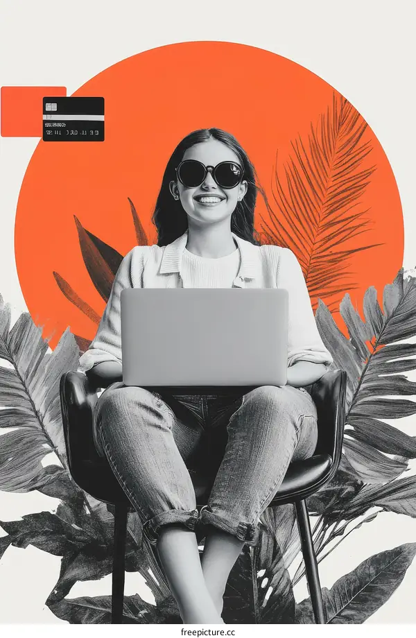 Modern Woman Working with Laptop in Stylish Tropical Decor