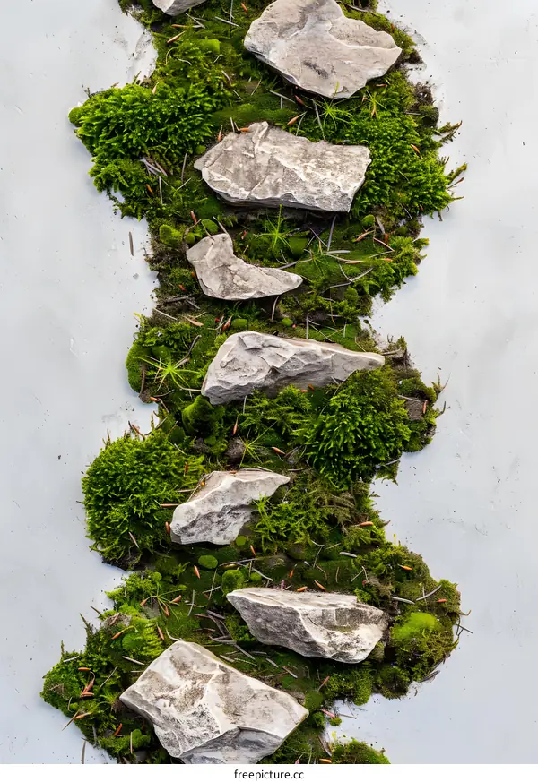 Green Moss and Stone Path on White Background