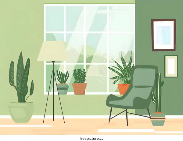 Green Living Room Interior Design with Plants and a Comfortable Chair